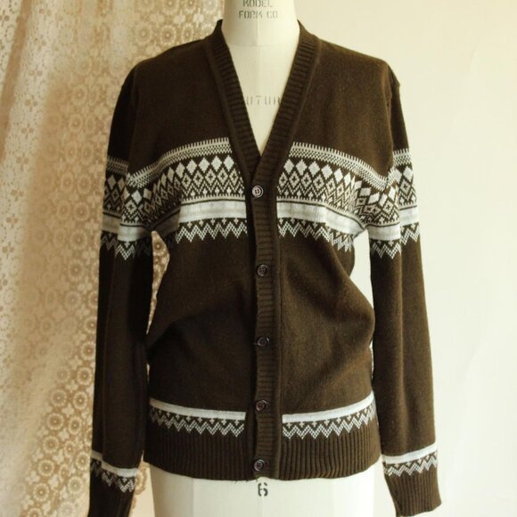 Vintage 1950s 1960s Cardigan, Jaguar Mexican Brown and White Sweater, Size 40 - Picture 2 of 10